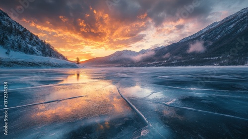 Obraz na płótnie Frozen lake, winter sunset, mountains, reflected colors w salonie