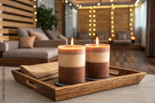 Aromatic candles burning in wooden tray on spa room.