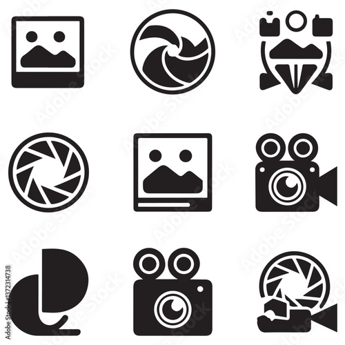 Photo and video icon set. Icons of photography, image, photo gallery, video camera and photo camera. Diaphragm icon. image, photo gallery Silhouette Vector Black illustration. with white background