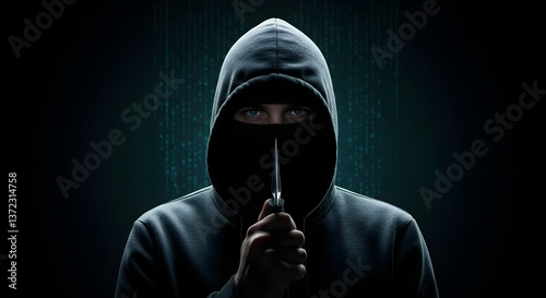 A hooded figure shrouded in mystery, holding a knife, stands before a digital rain of code, a chilling image of hidden danger and technological threat in dark, moody tones.