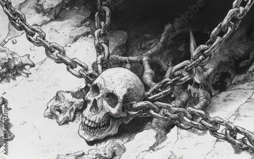 Grainy Monochrome Skull Entangled in Chains on Textured Surface photo