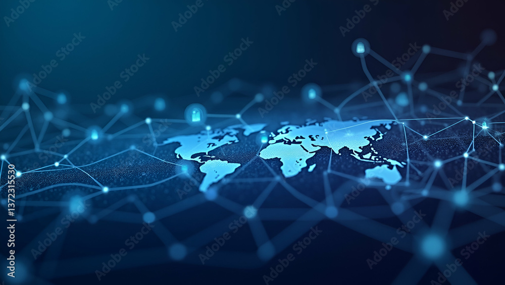Obraz premium Contemporary Wallpaper Design: Abstract Visuals & Dynamic Gradients for Fintech Branding - Secure Global Money Transfers with Digital Network Icons & Space for Text