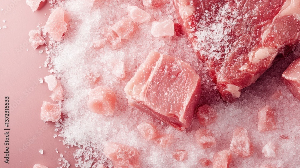 Frozen meat cubes and steaks on pink surface with ice crystals