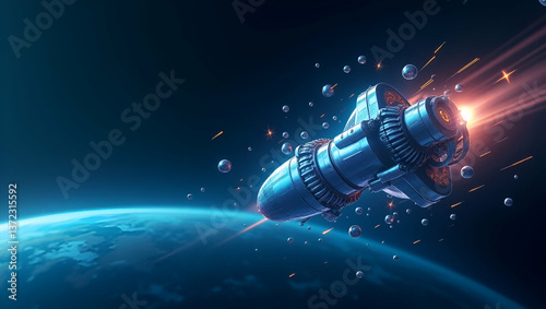 Contemporary Wallpaper Design: Abstract Visuals & Floating Apparatus for Zero Gravity Research - Futuristic Space Integration with Corporate Text Space