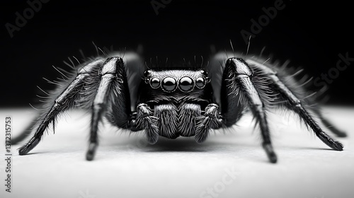 A detailed monochrome close up of a jumping spider