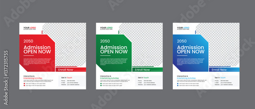 School admission open social media post design, back-to-school promotion square banner layout template, educational Instagram and Facebook post kit, high-quality web banner for enrollment ads bundle