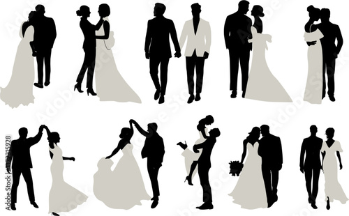 Silhouettes of wedding couple, including lesbian,  gay newlyweds vector flat illustration. Collection of cute wedding ceremonies isolated, transparent background. Romantic scenes celebrating marriage