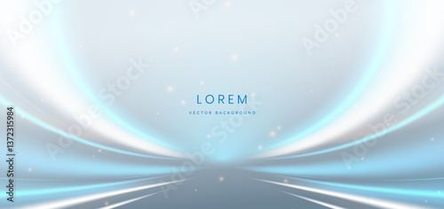 Modern blue curved rays on grey background and lighting effect sparkle.
