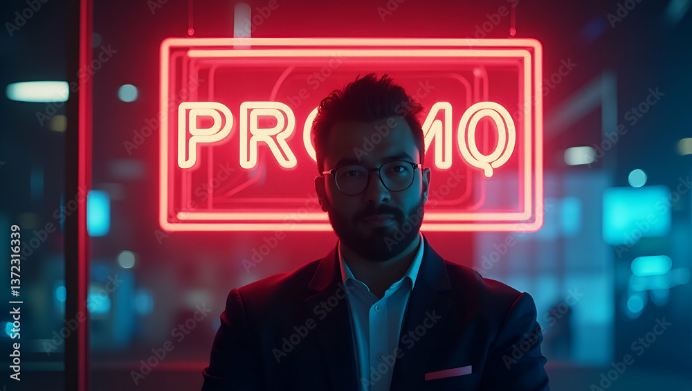 Photo Realistic Double Exposure: A Person Blended with a Neon Sign for Vibrant Promotion - Perfect for Stock Photos with Copy Space for Your Marketing Needs