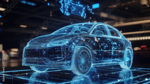 Futuristic car design displayed as a digital hologram in a modern showroom