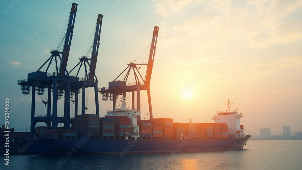 Obraz premium Photo Realistic Double Exposure: Silhouette of a Port Crane with Financial Statement Symbolizing Cost Accounting and Logistics Management - Ample Copy Space