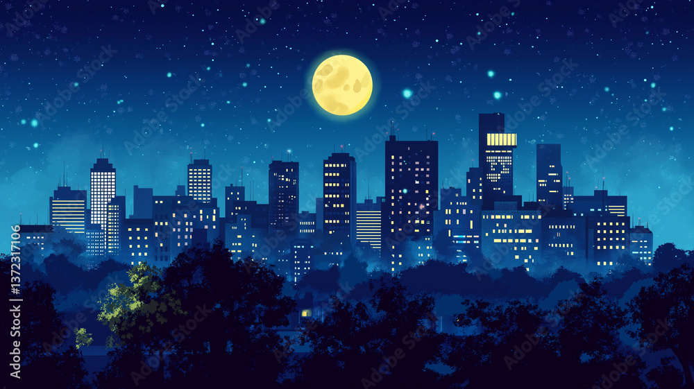 Fototapeta premium 懐かしい都市の夜景・星空と三日月が彩るレトロポップイラスト