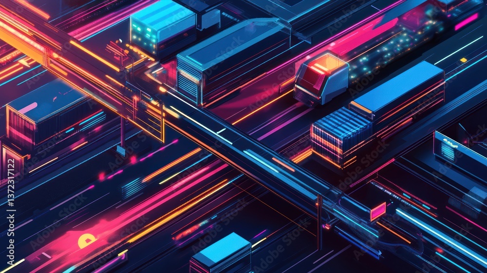 Futuristic city transportation network, abstract, intersection, vibrant colors