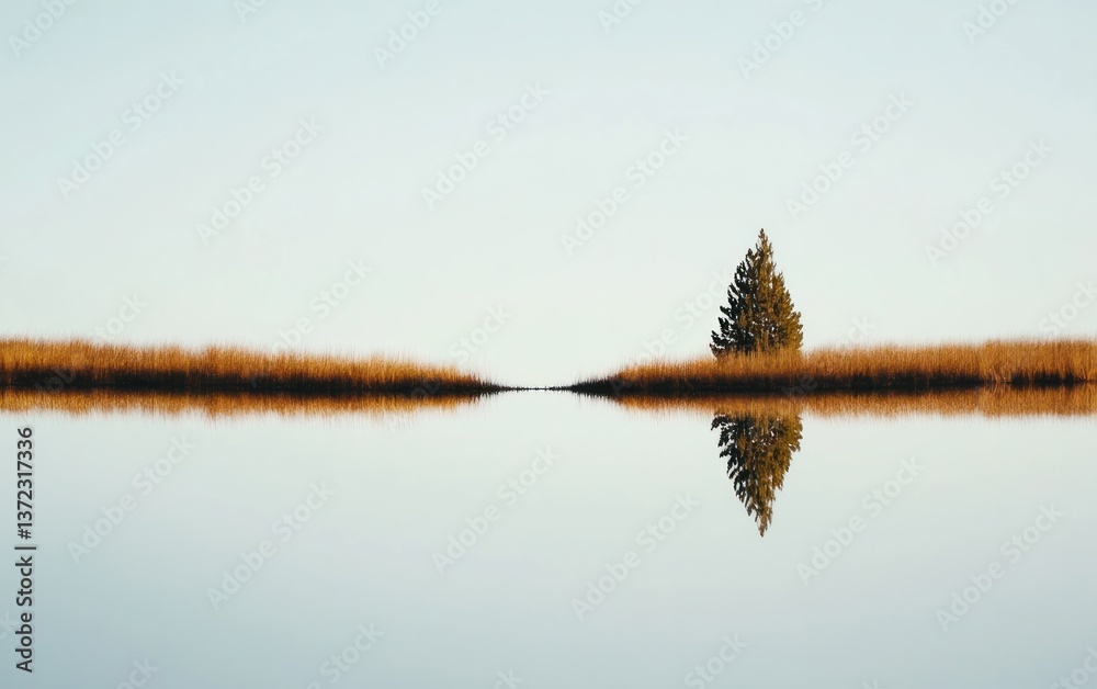 Obraz premium Solitary Coniferous Tree Reflected in a Calm Lake