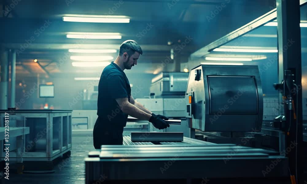 Focused Worker Operating Industrial Machinery in Modern Factory Environment with Blue Lighting
