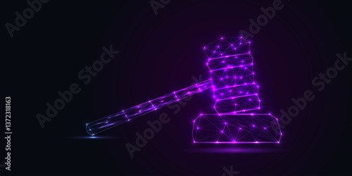 Abstract Hammer judge form lines and triangles, point connecting network on purple gradient background. Illustration vector eps 10