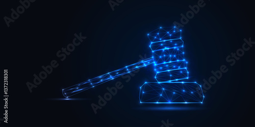 Abstract Hammer judge form lines and triangles, point connecting network on blue background. Illustration vector eps 10