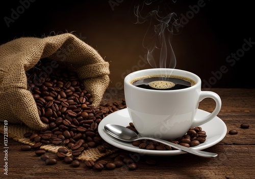 Aromatic Cup of Hot Coffee with Roasted Beans on a Wooden Table