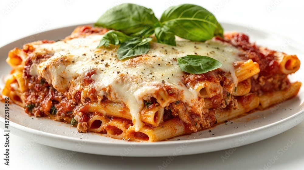 Cheesy baked ziti with layers of melted mozzarella, marinara sauce, and fresh basil leaves on a white ceramic plate Cheesy baked ziti with layers of melted mozzarella, marinara sauce, and fresh basil leaves on a white ceramic plate