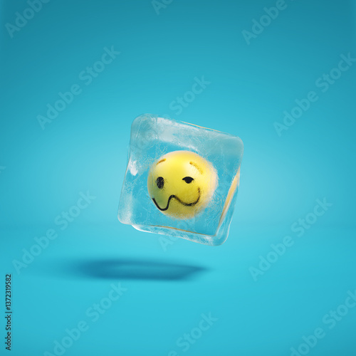 Woozy face with crumpled mouth emoji inside ice cube. Tired emoticon face with wavy mouth frozen in ice lump. Happy smile emoticon frozen in ice block background mockup concept illustration.