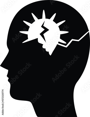 A black silhouette head icon with gears and a brain, symbolizing human mind innovation AI Generative