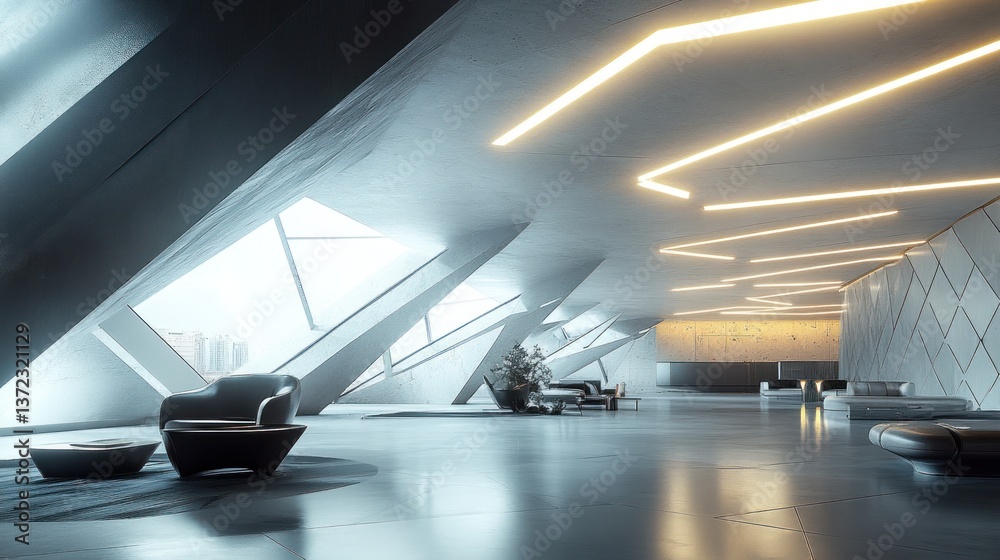 Futuristic interior lobby with modern architecture and city view