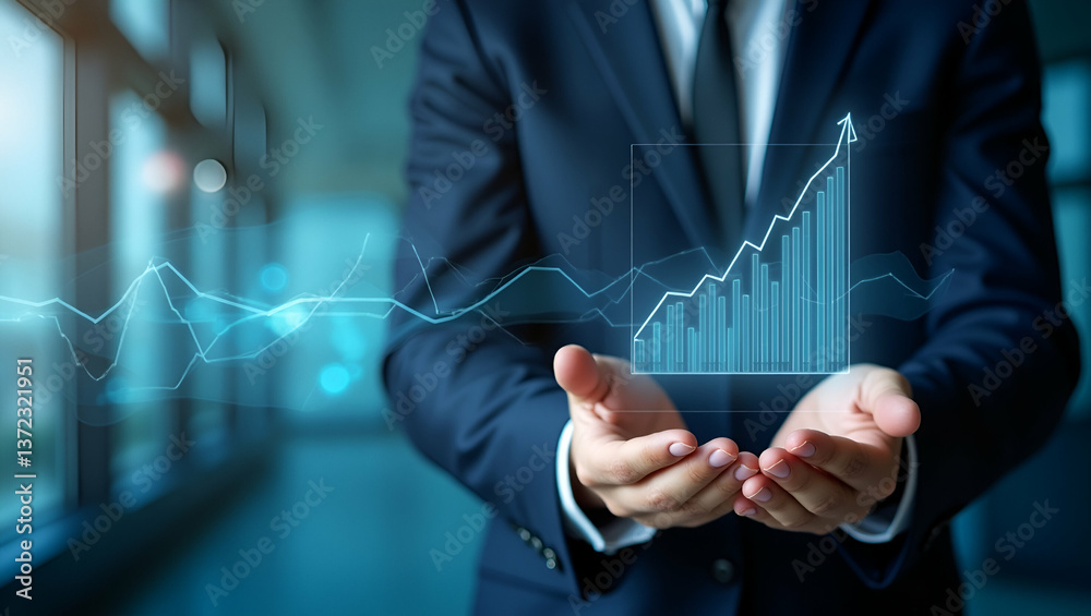 Fototapeta premium Explore a photo-realistic persona intertwined with a trend graph and stock report, symbolizing market insights and analysis, perfect for your project.