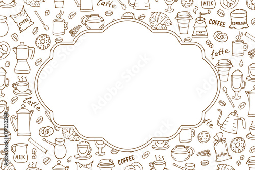 Frame of coffee dishes, coffee, hand drawn in cartoon style.