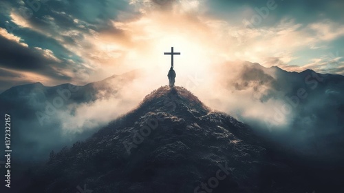 Jesus stands triumphantly on a mountain top, symbolizing hope.