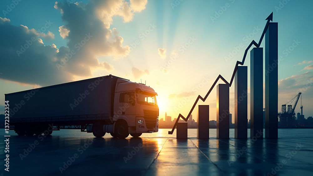 Fototapeta premium Photo Realistic Double Exposure: Silhouette of a Loading Dock Intertwined with a Growth Chart Symbolizing Profit Increase and Warehouse Innovation with Copy Space