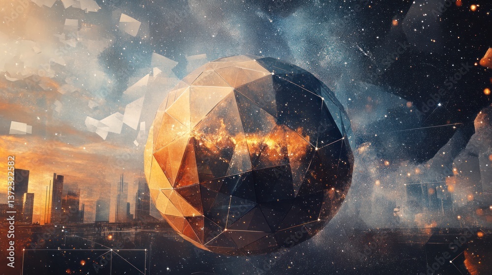 Futuristic Orb Above Cityscape at Sunset