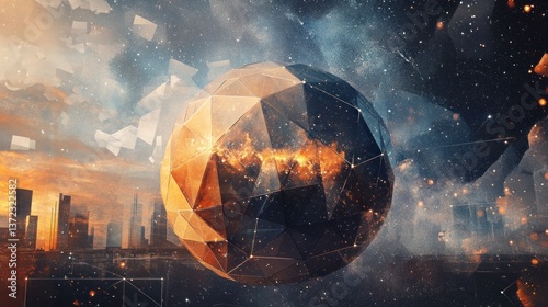 Futuristic Orb Above Cityscape at Sunset