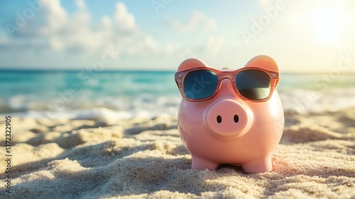 Relax Smiling Pink Piggy Bank using eyeglass Resting on Sandy Beach with Gentle Ocean Waves and Clear Sky in Background, Representing Financial Freedom with Copy Space