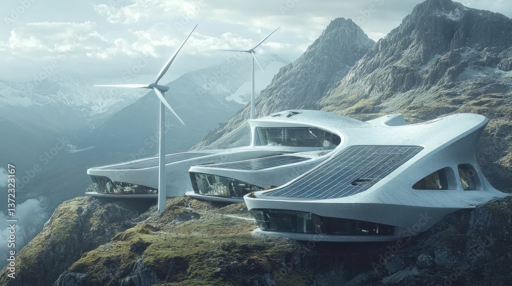 Futuristic sustainable buildings nestled in mountain landscape with wind turbines