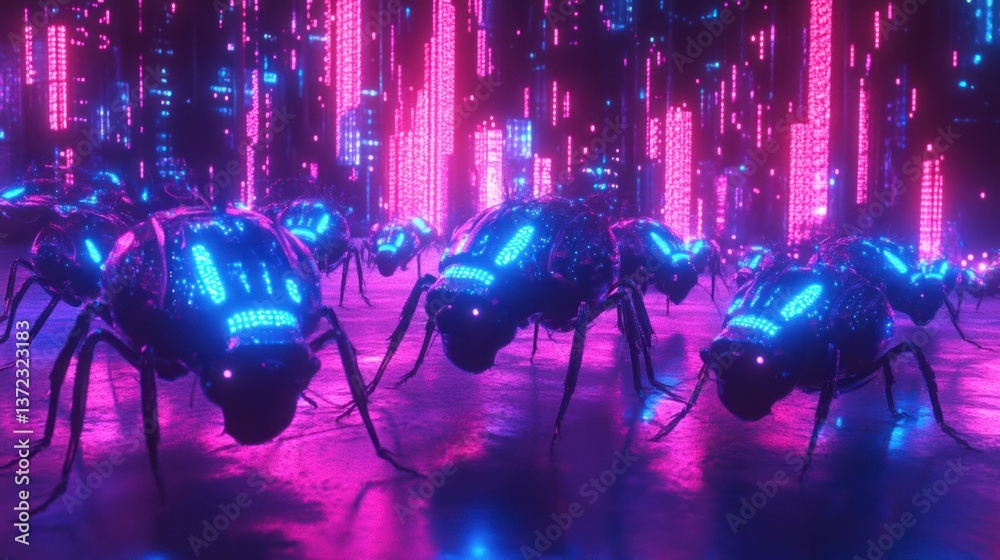 Futuristic robotic insects marching in a neon city