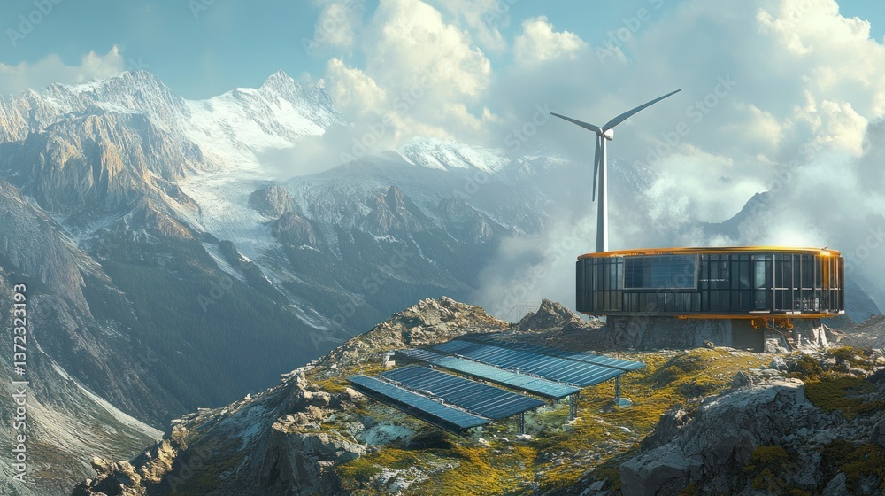 Futuristic sustainable energy building on mountain peak with wind turbine and solar panels