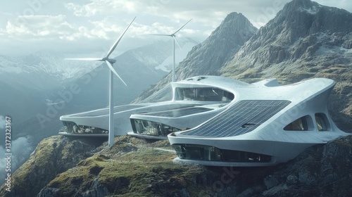 Obraz na płótnie Futuristic sustainable buildings nestled in mountain landscape with wind turbines w salonie