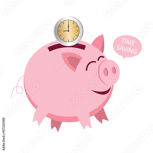 Piggy bank with a clock face coin and the message time saving