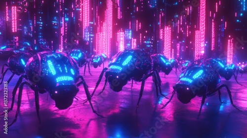 Obraz na płótnie Futuristic robotic insects marching in a neon city w salonie