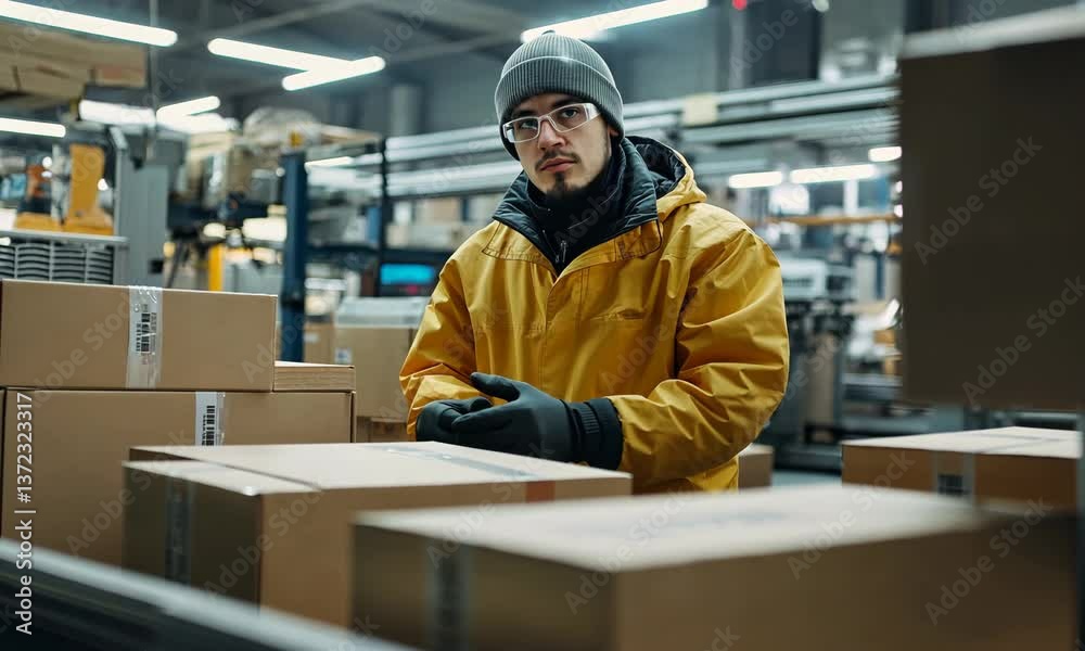 Warehouse Worker in Yellow Coat Organizing Boxes and Inventory in Modern Logistic Facility Warehouse Worker in Yellow Coat Organizing Boxes and Inventory in Modern Logistic Facility