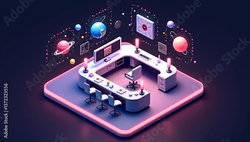 Futuristic Workspace Design Modern Office Desk with Space Theme Elements and Neon Lighting
