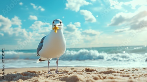 Playful Seagull Holding French Fry on Sandy Shoreline Near Ocean