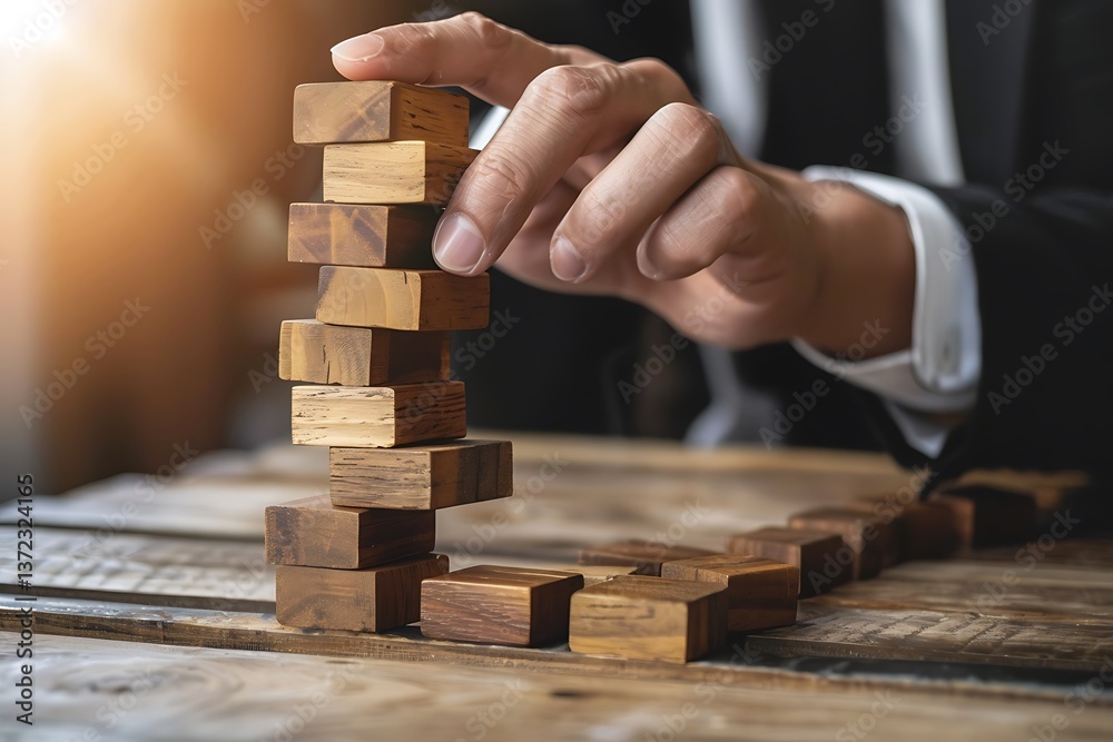 Wooden Blocks Stacked in Balance with Hands on Table Surface Wooden Blocks Stacked in Balance with Hands on Table Surface