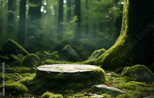 A circular, moss-covered tree stump rests on the forest floor, surrounded by vibrant green foliage and stone elements. Sunlight filters through the trees, creating a serene atmosphere