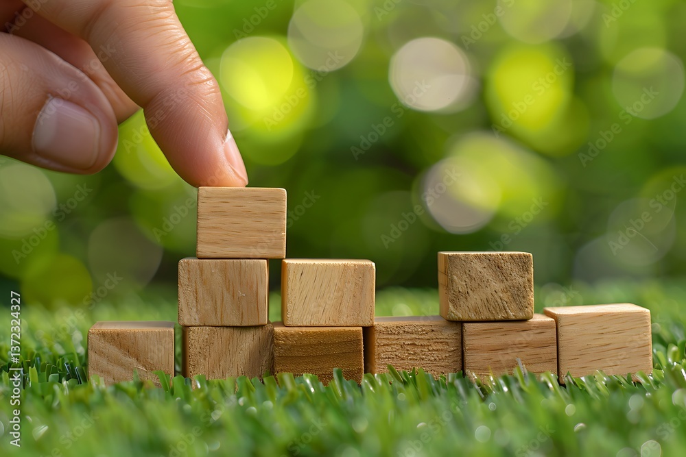Hand Stacking Wooden Blocks on Green Grass with Blurred Background Hand Stacking Wooden Blocks on Green Grass with Blurred Background