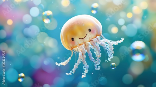 Happy Jellyfish Floating in the Ocean with Sparkling Background