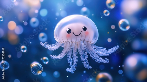 Cute Smiling Jellyfish Floating in Ocean Surrounded by Bubbles
