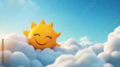 Happy Sun Character Peeking from Fluffy Clouds in Bright Sky