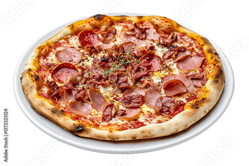 Meat lover’s pizza with pepperoni, sausage, and bacon, isolated on transparent background