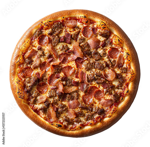 Meat lover’s pizza with pepperoni, sausage, and bacon, isolated on transparent background